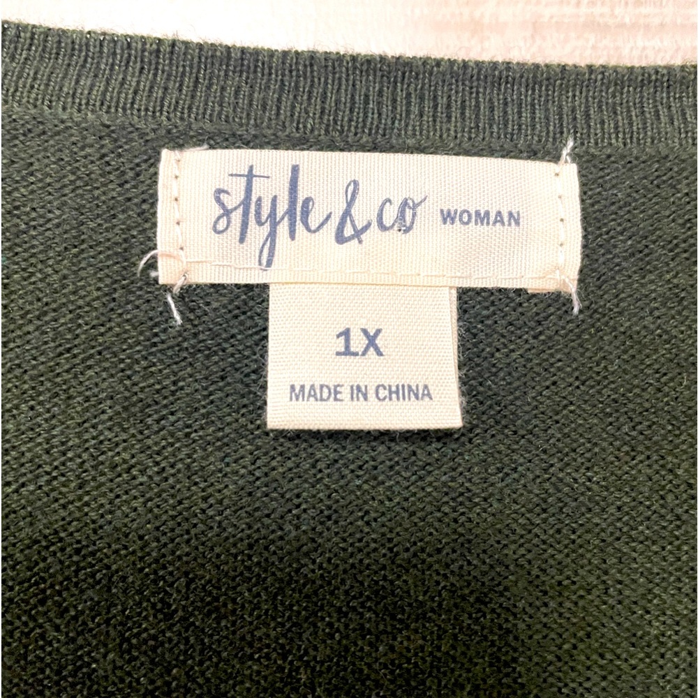 NWT Style & Co Dark Green V Neck Ruffle Sleeve Sweater Pullover Sz 1X - Picture 3 of 5